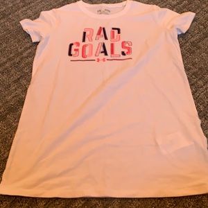 White with black and pink lettering “rad goals” YL